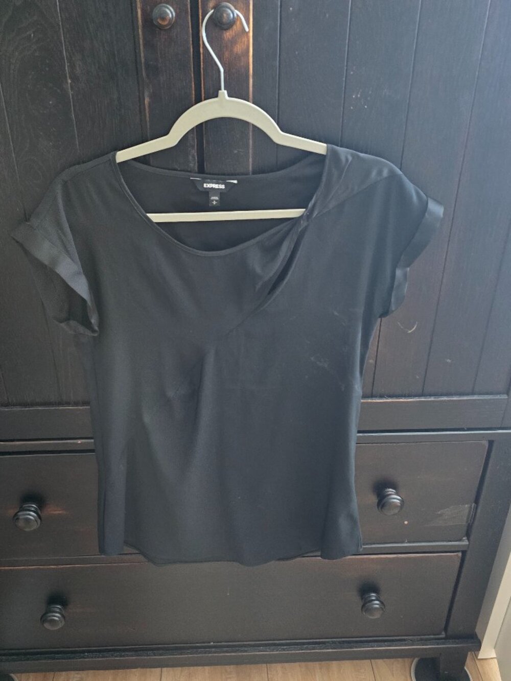 Express black blouse with distinctive wrapped/knotted detail at the necklane S